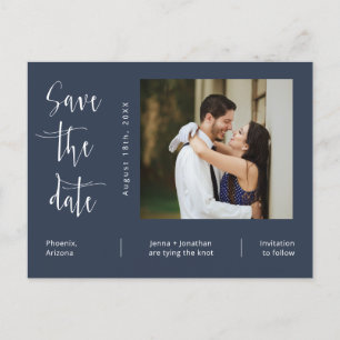 Simple Navy Blue Photo QR Code Save The Date Postcard