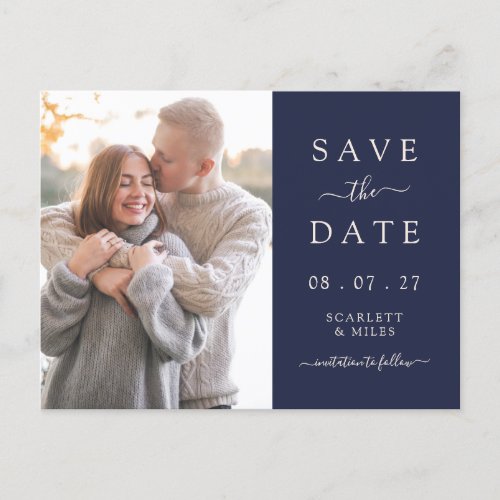 Simple Navy Blue Photo Save The Date Wedding Announcement Postcard