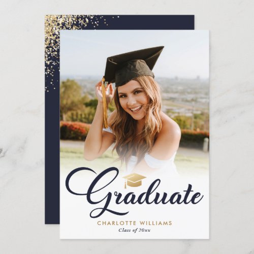 Simple Navy Blue Photo Script Graduation Announcement