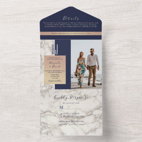 Simple Navy Blue Photo Wedding All In One Invitation