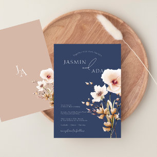 Simple Navy Blue Pink Wildflowers Floral Wedding Invitation