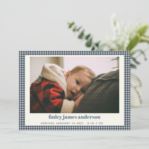 Simple Navy Blue Plaid Baby Photo Custom Birth Announcement