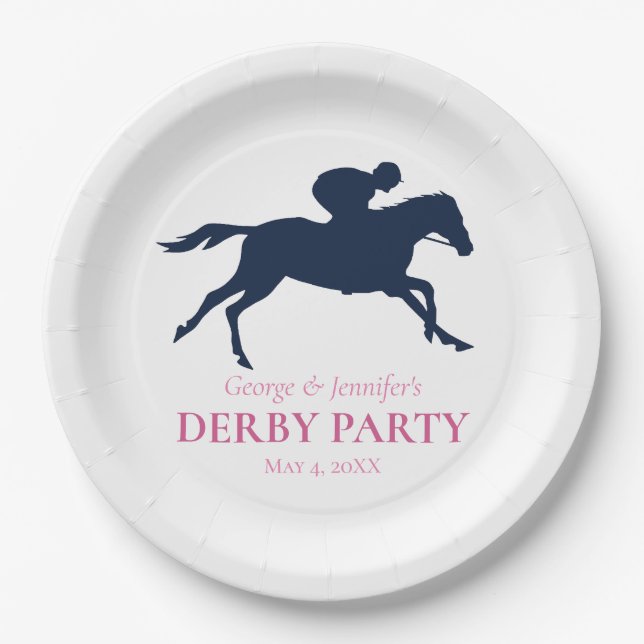 Simple Navy Blue Race Horse Silhouette Personalize Paper Plates (Front)