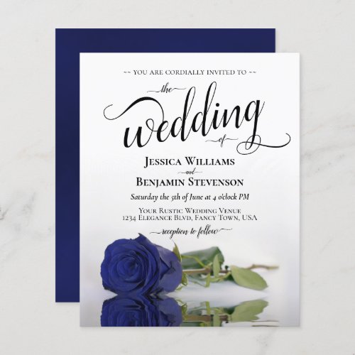 Simple Navy Blue Rose BUDGET Wedding Invitation