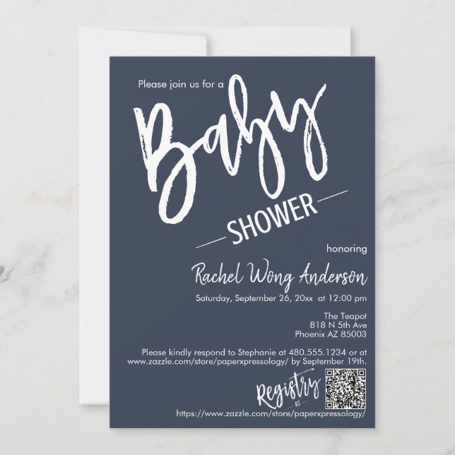 Simple Navy Blue Script Baby Shower QR Code Photo Invitation (Front)