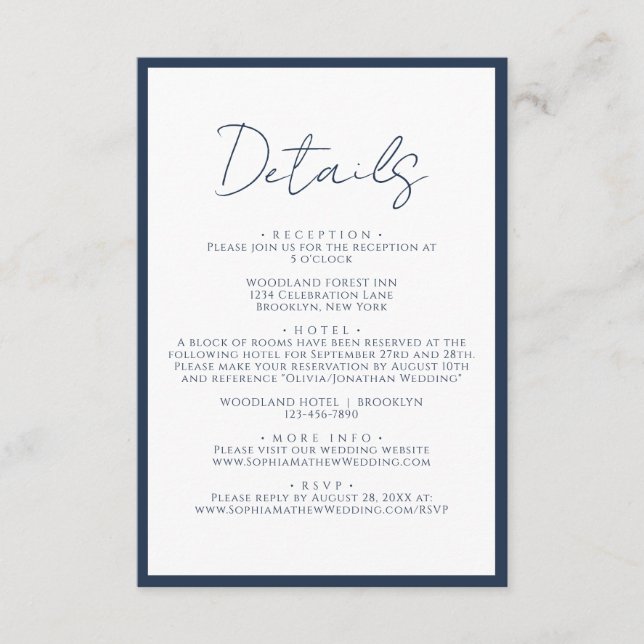 Simple Navy Blue Script Wedding Details Enclosure Card (Front)