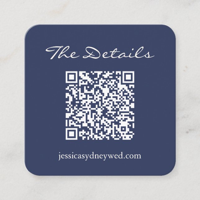 Simple Navy Blue Script Wedding Details QR Code Enclosure Card (Front)