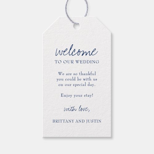 Simple Navy Blue Script Wedding Welcome Gift Tags
