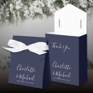 Simple Navy Blue Signature Script Wedding Favor Boxes