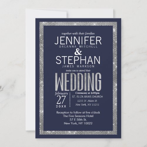 Simple Navy Blue Silver Glitter Sequin Wedding Invitation
