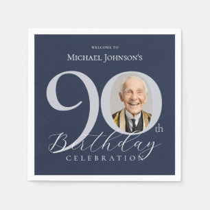 Simple Navy Blue Silver Photo 90th Birthday Napkins