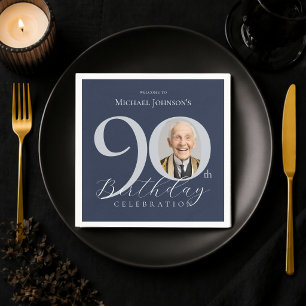 Simple Navy Blue Silver Photo 90th Birthday Napkins