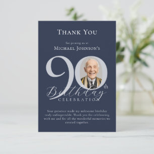 Simple Navy Blue Silver Photo 90th Birthday Thank You Card