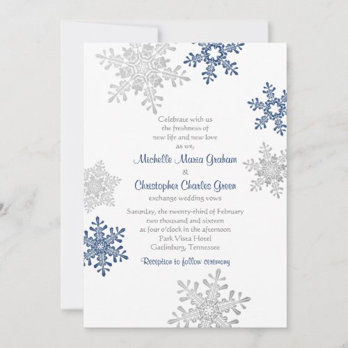 Simple Navy Blue Silver Snowflake Winter Wedding Invitation