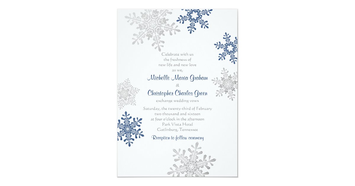 Simple Navy Blue Silver Snowflake Winter Wedding Invitation