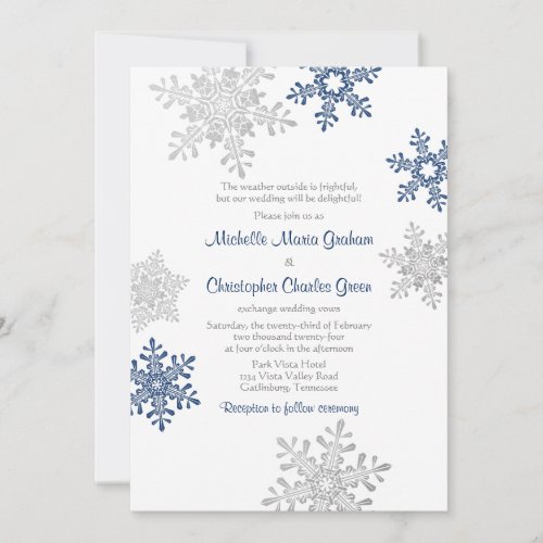 Simple Navy Blue Silver Winter Snowflake Wedding Invitation
