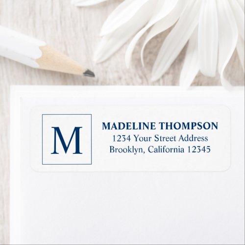 Simple Navy Blue Square Border Monogram Label