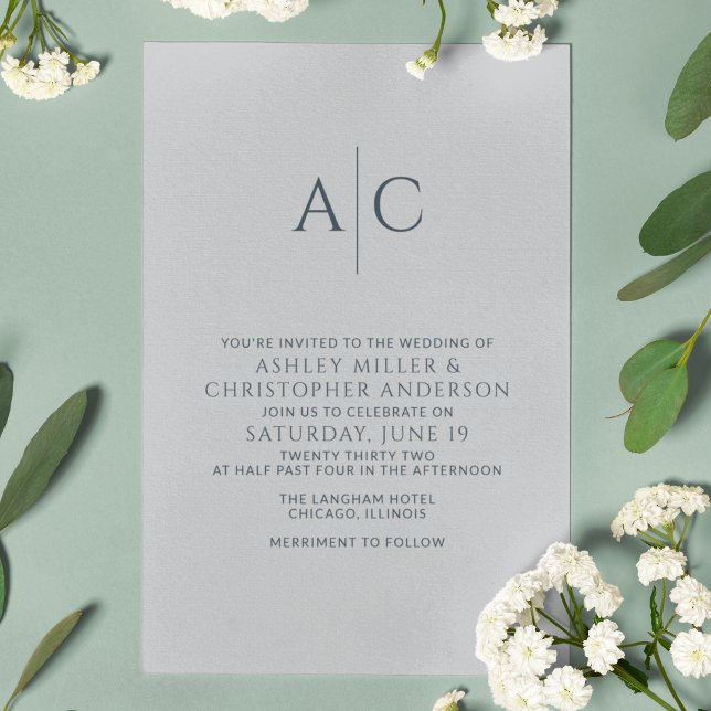 Simple Navy Blue & Steel Gray Monogram Wedding Invitation (Creator Uploaded)