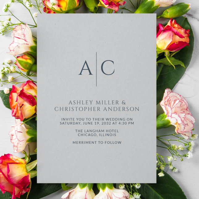 Simple Navy Blue & Steel Gray Monogram Wedding Invitation (Creator Uploaded)