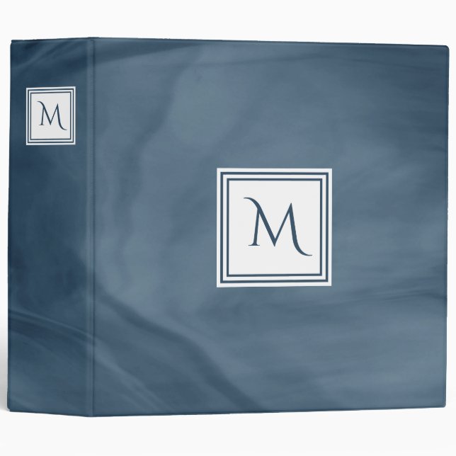 Simple Navy Blue Subtle Marble Modern Monogram 3 Ring Binder (Front/Spine)