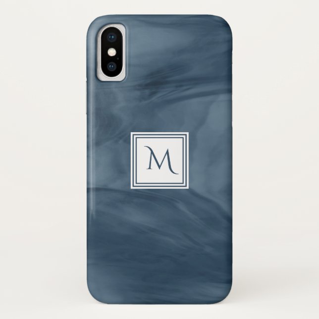 Simple Navy Blue Subtle Marble Modern Monogram Case-Mate iPhone Case (Back)