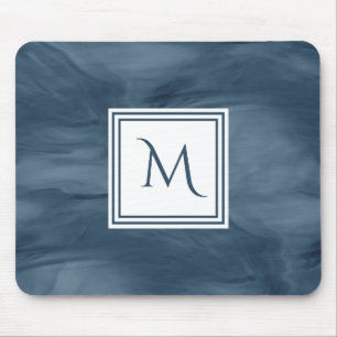 Simple Navy Blue Subtle Marble Modern Monogram Mouse Pad