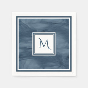 Simple Navy Blue Subtle Marble Modern Monogram Paper Napkins