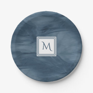 Simple Navy Blue Subtle Marble Modern Monogram Paper Plates