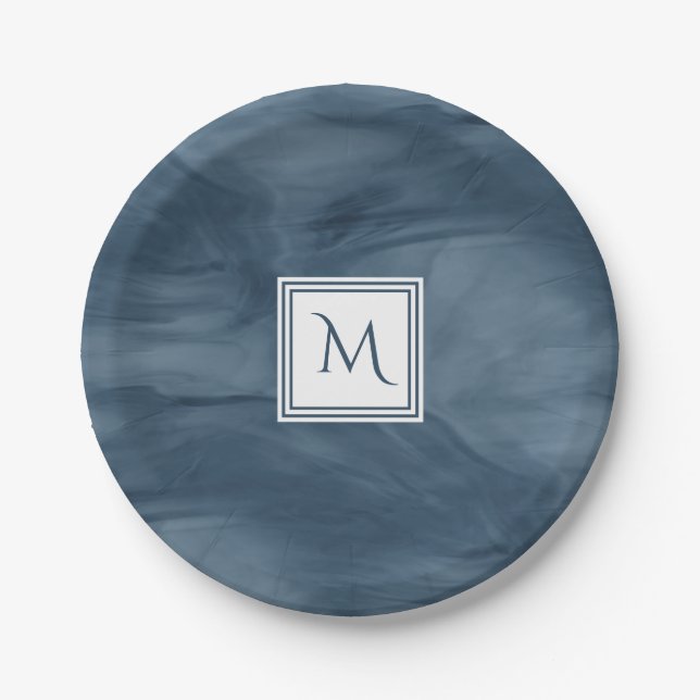 Simple Navy Blue Subtle Marble Modern Monogram Paper Plates (Front)