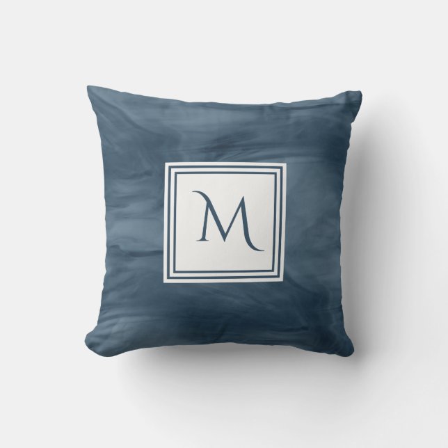 Simple Navy Blue Subtle Marble Modern Monogram Throw Pillow (Front)