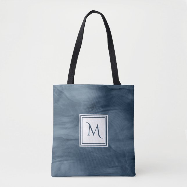 Simple Navy Blue Subtle Marble Modern Monogram Tote Bag (Front)