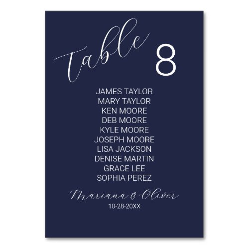 Simple Navy Blue Table Number Card with Names