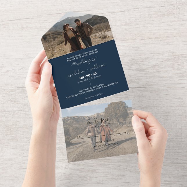Simple Navy Blue Trendy Photo Wedding All In One Invitation (Tearaway)