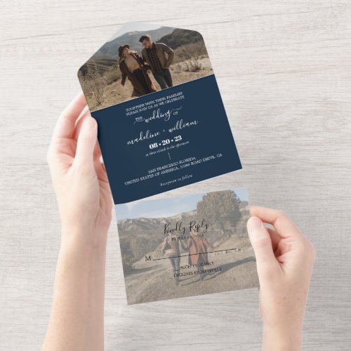Simple Navy Blue Trendy Photo Wedding All In One Invitation