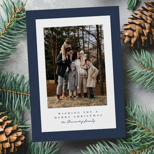 Simple navy blue tweed frame Christmas photo Holiday Card