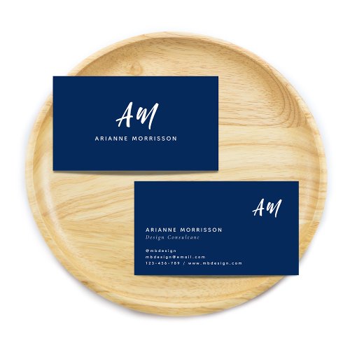 Simple Navy Blue Two Monogram Casual Script Business Card