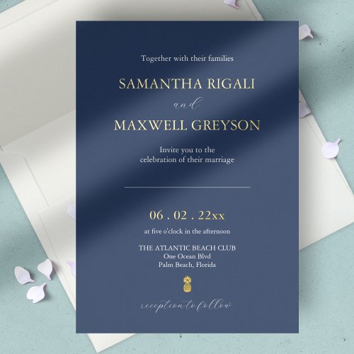 Simple Navy Blue Wedding Foil Invitation