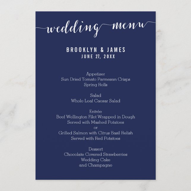 Simple Navy Blue Wedding Menu Cards (Front)