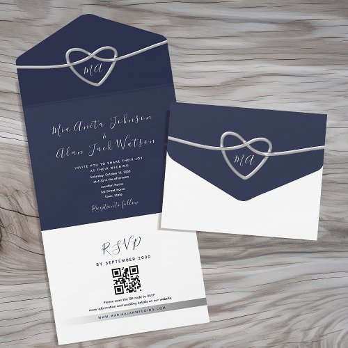 Simple Navy Blue Wedding QR Code All In One Invitation
