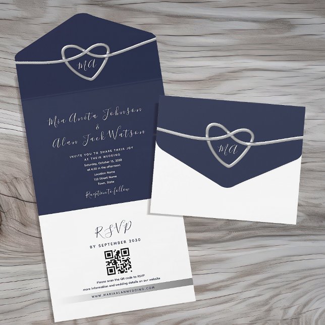 Simple Navy Blue Wedding QR Code All In One Invitation (Creator Uploaded)