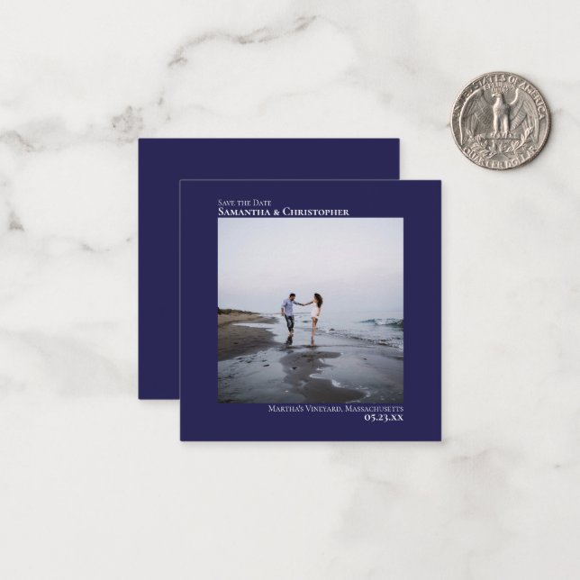 Simple Navy Blue Wedding Save the Date Photo Mini Note Card (Front/Back In Situ)