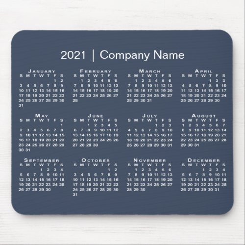 Simple Navy Blue White 2021 Calendar Company Name Mouse Pad