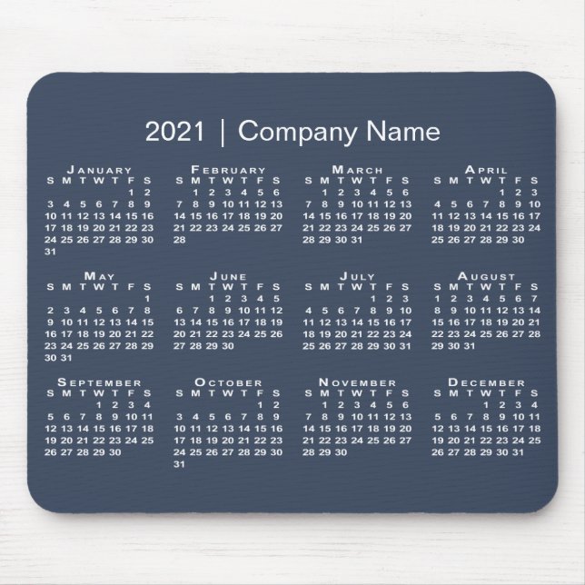 Simple Navy Blue White 2021 Calendar Company Name Mouse Pad (Front)