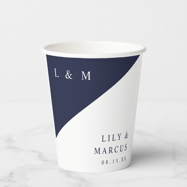 Simple Navy Blue White Elegant Monogram Wedding Paper Cups (Back)
