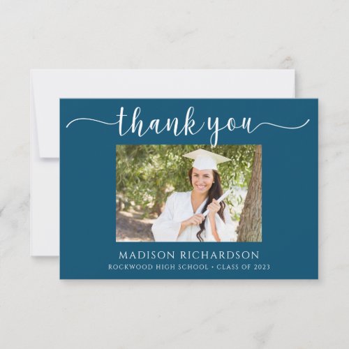 Simple Navy Blue  White Graduation Photo Thank You Card
