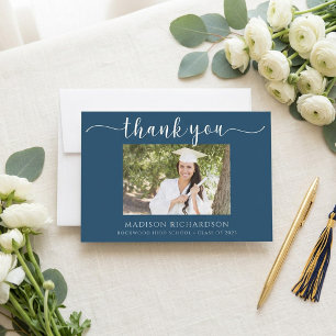 Simple Navy Blue & White Graduation Photo Thank You Card