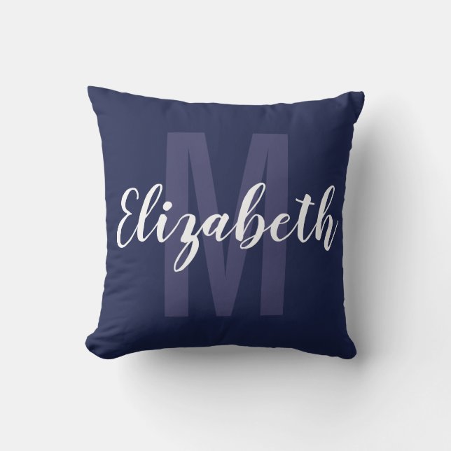 Simple Navy Blue White Hand Script Monogram Throw Pillow (Front)