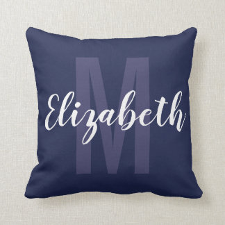 Simple Navy Blue White Hand Script Monogram Throw Pillow