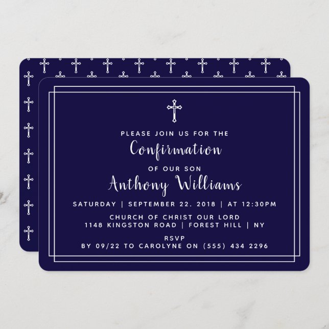 Simple Navy Blue & White Holy Cross Confirmation Invitation (Front/Back)