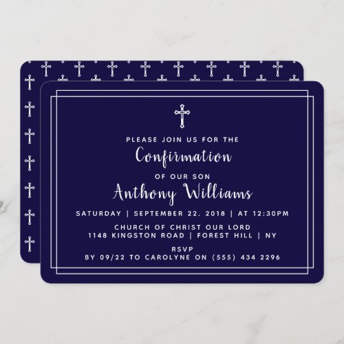 Simple Navy Blue  White Holy Cross Confirmation Invitation